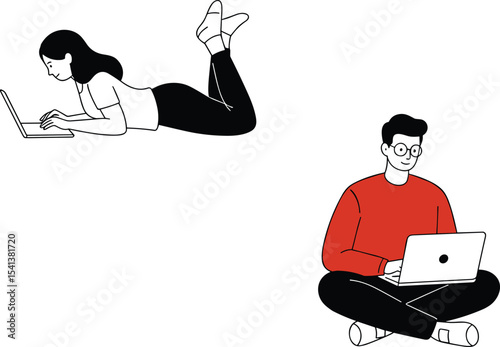 Man and woman using laptops, working from home, remote work, casual lifestyle, technology, freelance, digital communication, productivity, illustration.