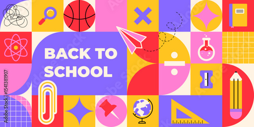 Back to school geometric pattern - colorful grid design with education icons of basketball and magnifying glass, paper plane and chemistry flask, pencil and notebook. Modern abstract mosaic layout.