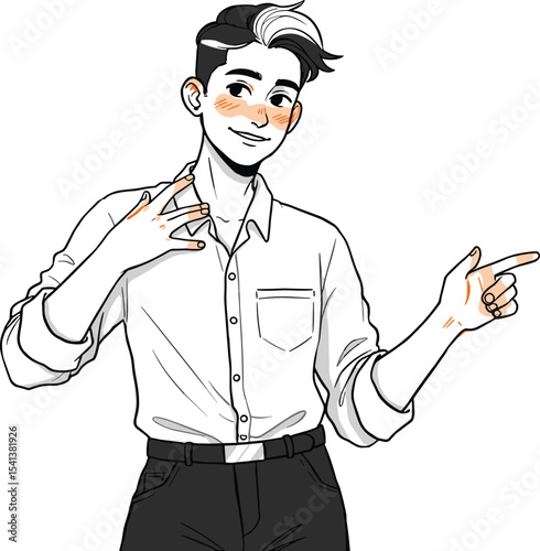 Smiling cartoon man, pointing gesture, confident character, stylish outfit, hand drawn illustration, casual fashion, expressive pose, modern design, animated look.
