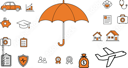Insurance coverage concept, health, life, travel, car, home, finance, safety, protection icons, umbrella illustration, risk management, security.