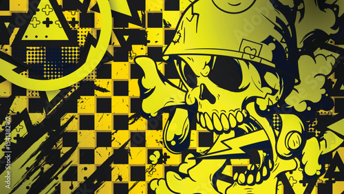 Yellow Grunge Skull Soldier Vector with Checkerboard and Abstract Elements