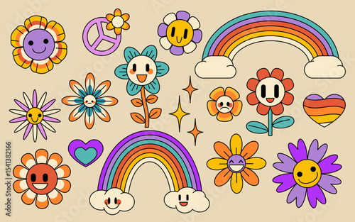 Retro flower and rainbow collection - groovy hippie daisies with smiling faces, peace signs and colorful arches with clouds . Vintage 70s style botanical elements for nostalgic psychedelic design.
