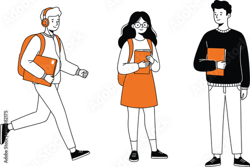 Students walking and standing with books, backpacks, headphones, school or college concept, vector illustration, education, learning, flat style