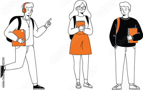 Students walking and standing with books, backpacks, headphones, school or college concept, vector illustration, education, learning, flat style