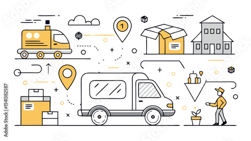 Line Art Vector Icons of Delivery and Logistics Process on White Background