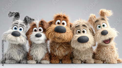 A delightful group of high-resolution, 3D-rendered cartoon baby dogs, each with a distinct fluffy appearance and adorable expression. Generative AI