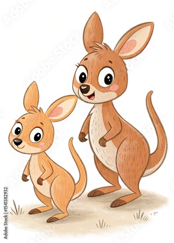 Illustration of a cartoon kangaroo and joey standing together on a white background