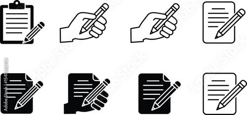 Hand writing icons, pencil and document symbols, clipboard and paper, creative writing design, black and white outline vector illustration