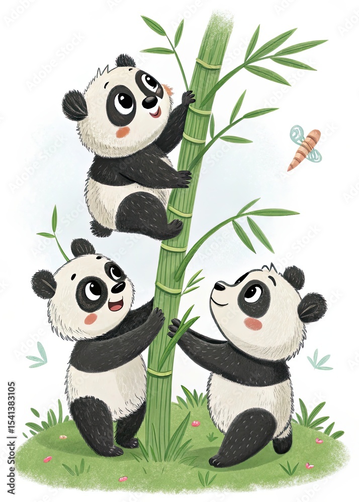 Fototapeta premium Three pandas climbing a bamboo stalk with a dragonfly flying nearby in illustration