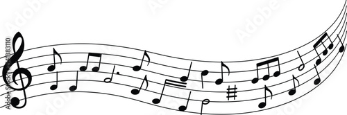 Curved music staff with treble clef, musical notes, melody line, music sheet design, classical composition, artistic rhythm vector illustration