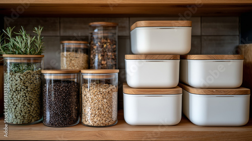 Neatly stacked minimalist storage containers on wooden shelves in a pantry, showcasing order and functional design