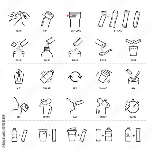 This set of icons for stick packaging includes steps for preparing, mixing, and consuming. Vector elements for infographics. Set of sign for detailed guideline. Ready for your design. EPS10.