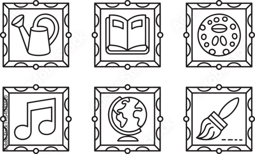 Six Black and White Line Art Icons in Frames watering can