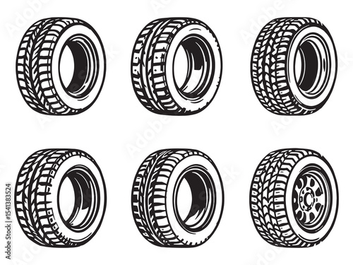 set of 6 psc different type of Spare tire clear vision simple dark black line art on white.eps