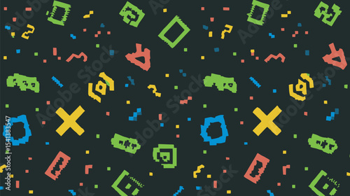 Retro shapes scatter playfully across dark background offering vibrant design