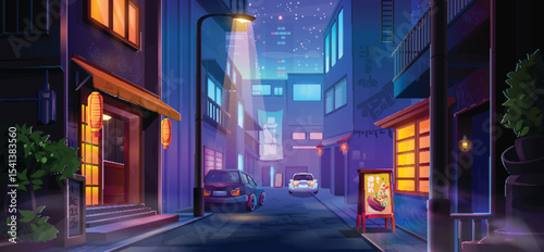 Downtown street neon night scene - urban alley with glowing shop signs, lanterns and colorful windows. Cars parked near cafe under starlit sky for cyberpunk gaming cityscapes or lofi aesthetic artwork