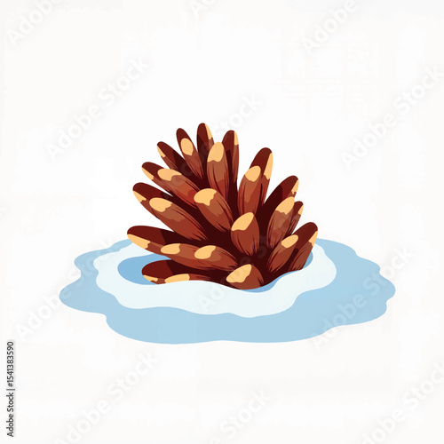 Pinecone nestled in soft snow, winter tranquility