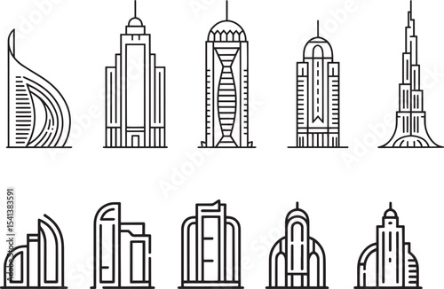 Ten Modern Skyscraper Building Line Art Icons architecture