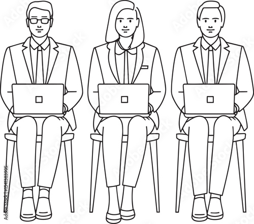 Three businesspeople seated using laptops line art