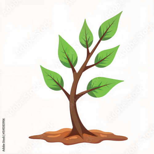 Vibrant green tree growing from soil on white background, nature's resilience