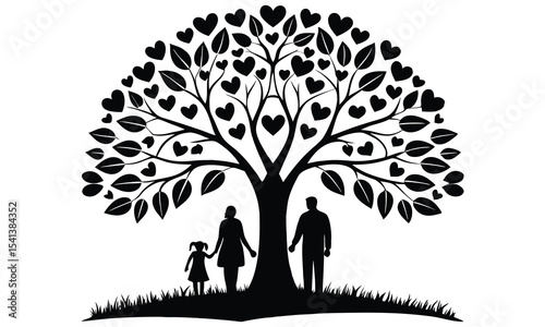 Family silhouette underneath a heart shaped tree