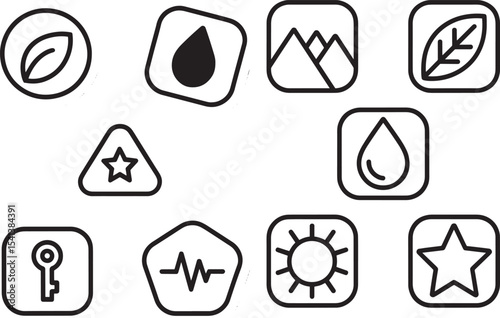 App Icons Set Black Line Art Symbols Leaf Water Mountains Sun Key Star Heartbeat
