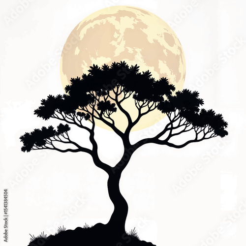 Silhouette of tree against full moon, nature's tranquility