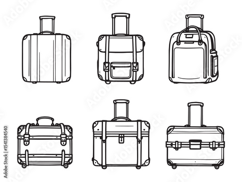 set of 6 psc different type of Suitcase clear vision simple dark black line art on white (1).eps