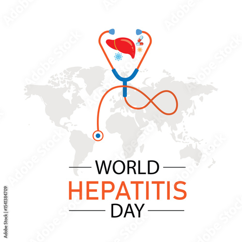 World hepatitis day illustration with stethoscope liver icon and global awareness concept
