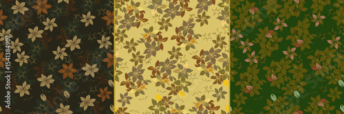 Subtle floral pattern with scattered leaves and blossoms in three earthy tones: dark brown, light brown, and forest green. Perfect for natural or rustic designs