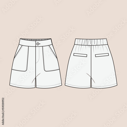 Women’s short pant, Fashion Flat Sketch Vector Illustration, CAD, Technical, Template, Mockup.