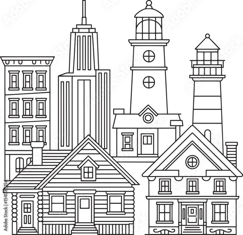 Black and White Line Art Cityscape with Houses and Lighthouses