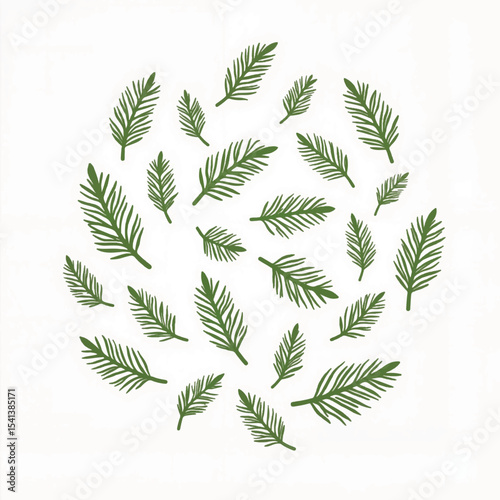 Scattered pine needles on white background, nature illustration
