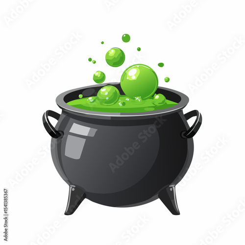 Boiling cauldron of magic: A vibrant image featuring a black cauldron bubbling with bright green, magical concoction, embodying a potent atmosphere.