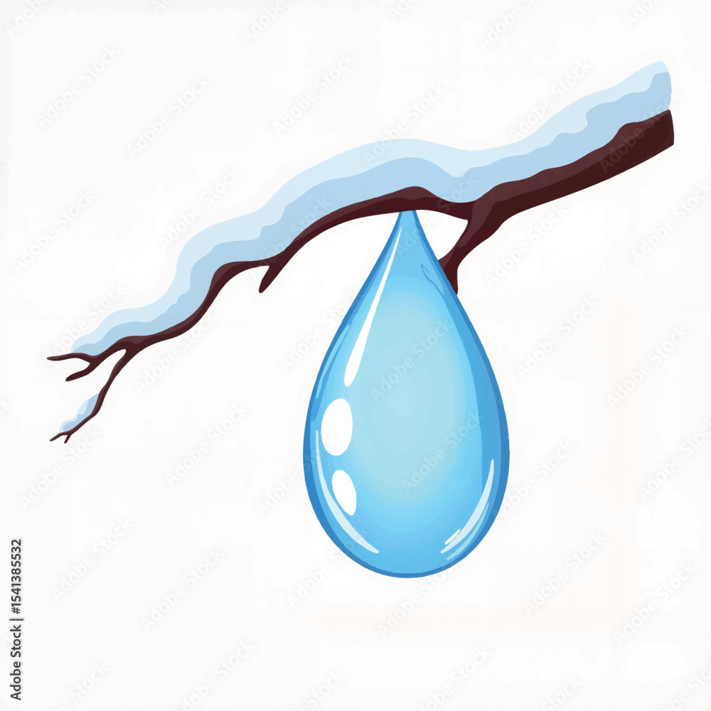 Frozen droplet hanging from twig on white background, winter symbolism