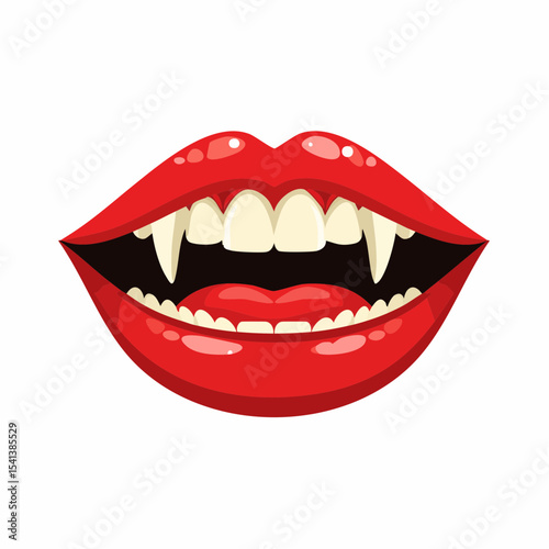 Vampire's Smile: A striking depiction of blood-red lips parted in a sinister grin, revealing elongated fangs against the stark background, capturing the essence of the night.
