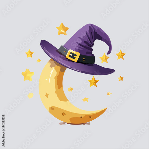 Moonlit Mischief: A whimsical illustration of a crescent moon adorned with a witch's hat and sparkling stars, evoking a sense of enchantment and playful fantasy.