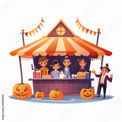 Spooky Shop: Delightful illustration captures a cheerful Halloween stall decorated with pumpkins and a vendor, inviting visitors to a festive and fun experience. 