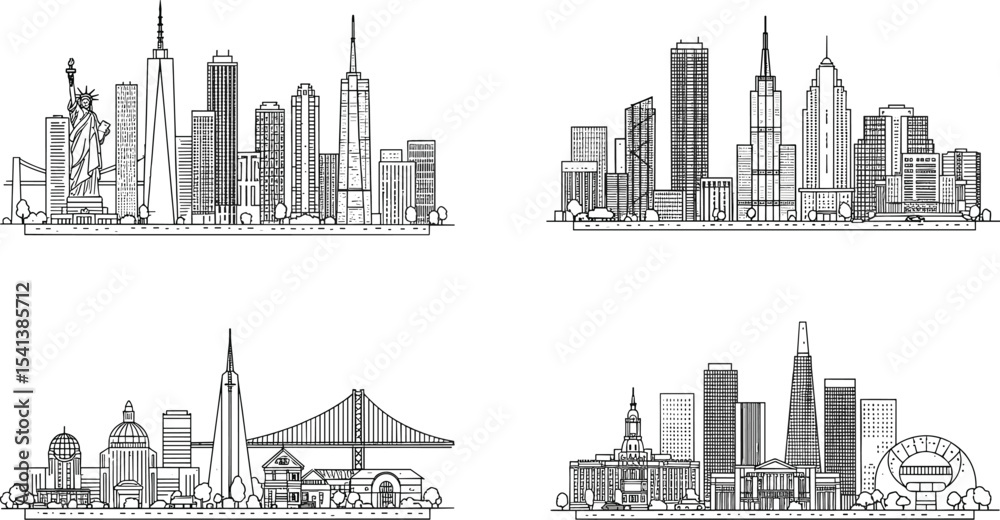 Fototapeta premium Minimalist Cityscape Illustrations Featuring Famous Landmarks and Skyscrapers in a Clean, Modern Style flat vector illustration