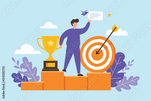 Success and Achievement: Man Holding Trophy and Certificate on a Podium with a Target in the Background flat vector illustration