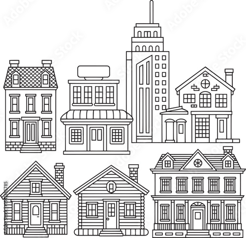 Black and White Line Art House Collection Cityscape Buildings