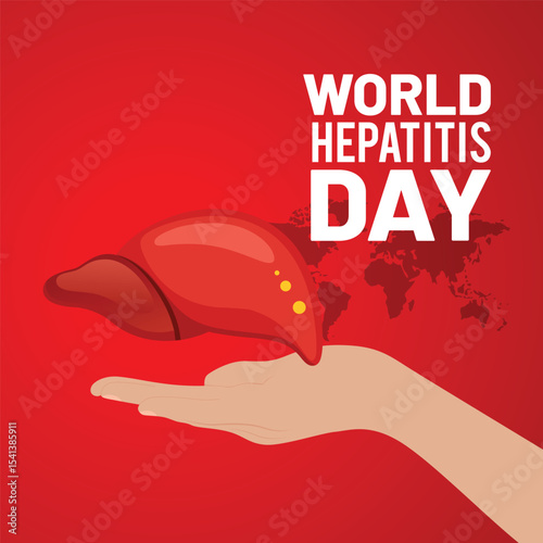 World hepatitis day awareness concept with a liver and hand on a red background