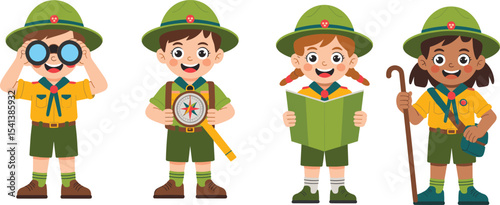 Cute cartoon scout kids, outdoor adventure, map reading, compass, binoculars, hiking stick, smiling children