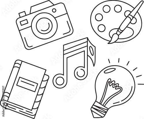 Black and White Line Art Icons Camera Book Music Note Lightbulb Palette Paintbrush
