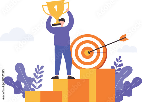 Victory and Goal Achievement: Man on Podium Holding Trophy with a Target in the Background flat vector illustration