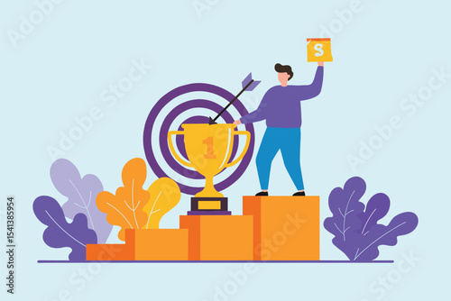 Victory and Financial Success: Man on Podium Holding Trophy and Money Bag with a Target in the Background flat vector illustration