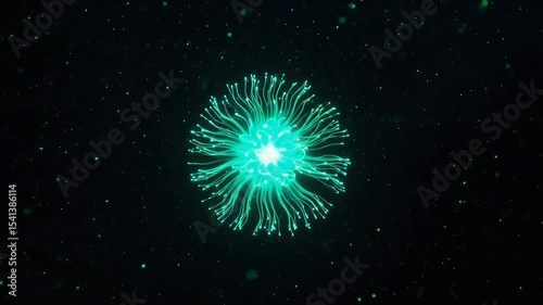 Glowing green bioluminescent organism in dark, with radiating tendrils and scattered spots