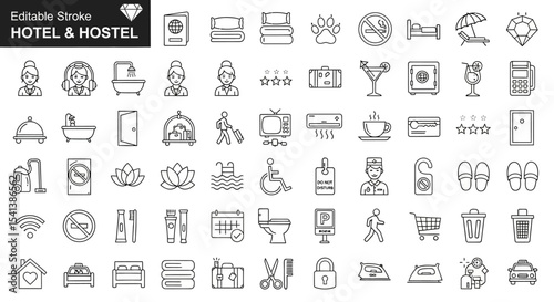 Hotel & Hostel Line Icons 50+ Editable Stroke Vector Graphics