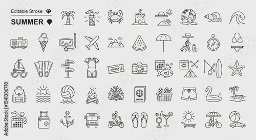 Summer Vacation Icons Beach, Travel, and Holiday Line Art Graphics