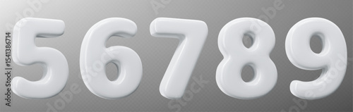 White 3d numbers collection with smooth rounded edges on gray background. Inflated digits in modern volumetric style for birthday or anniversary cards or educational materials in minimalist design.